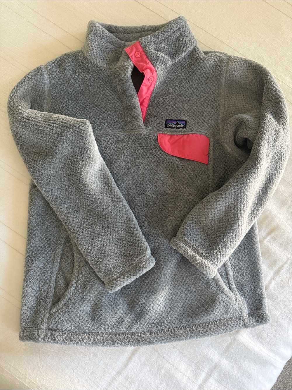 Girls Patagonia Re-Tool Snap-T Fleece Pullover Gray and Pink Size 7-8